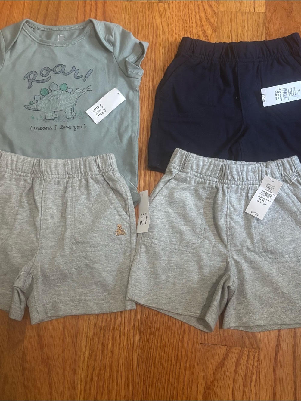 Comfy NWOT GAP! 12-18 mths - 2 pairs of gray + 1 navy shorts & adorable onesie!